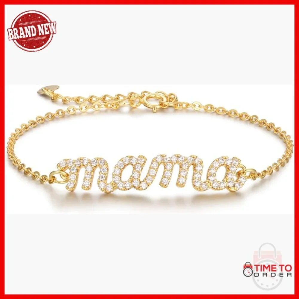 24K Gold Filled Mama Charm Bracelet 925 Sterling Silver Dainty Layering
